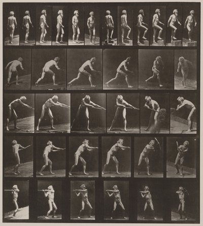 Tafel Nummer 521. A, gehend; B, Stufe hinaufsteigend; C, Diskus werfend; D, Schaufel benutzend; E, Pickel benutzend; F, Pickel benutzend, 1887 von Eadweard Muybridge